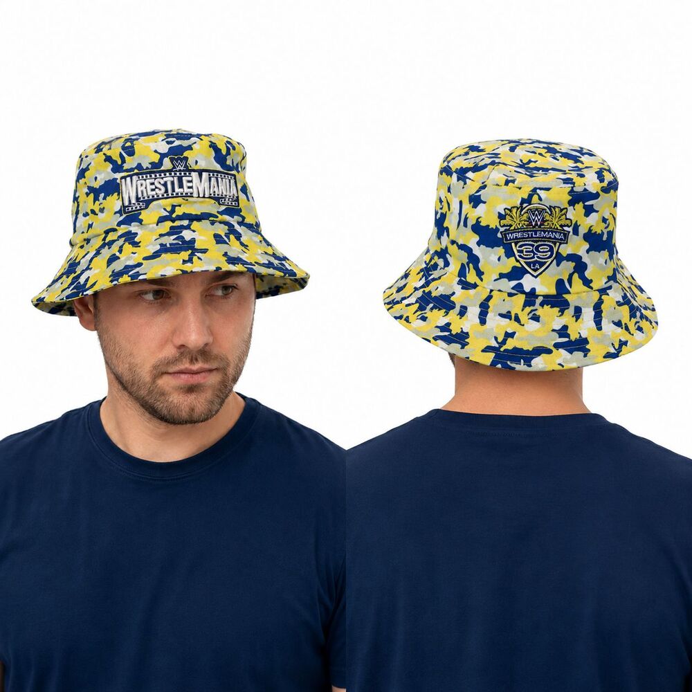 WWE WrestleMania 39 LA Goes Hollywood Bucket Hat Yellow Blue Camo Embroidered